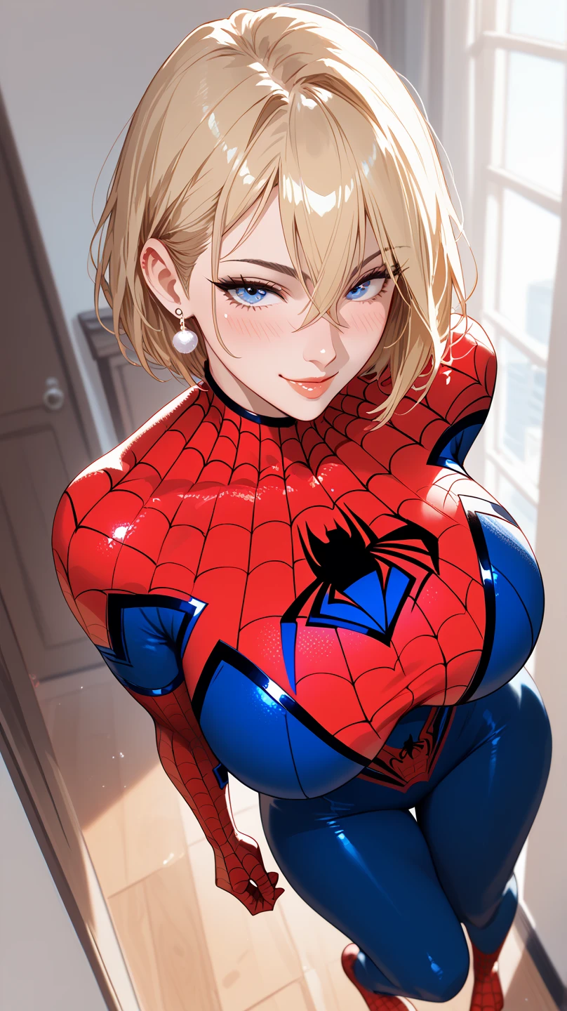 1girl, Solo, HD, Accurate, Short Hair, Blonde Hair, Hair Between Eyes, Large breasts, Earrings, Blush, Seductive Smile, From Above, full body picture, spiderman costume, in room