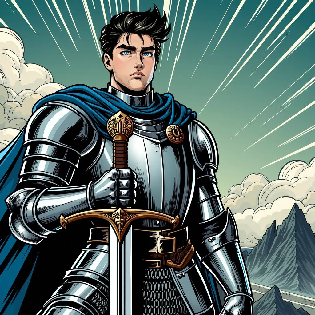 sanguo male warrior, black hair, chinese chainmail long armour, blue cape, holding a spear, masterpiece, ultra-detail ,sharp focus,  <lora:jimLeeDCComicsMarvel_offset:1>