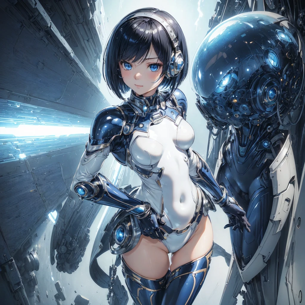 (masterpiece、highest quality、highest resolution、clear_image、detailed details、Angle from above): (full body figure、One 20 year old girl、Japanese faces、small face、Slender、Navy blue super short bob cut hair、(hidden small breasts:1.3)、sparkling blue eyes、Shiny pilot suit in blue and black colors、armor that protects the chest、tight fitting clothes、clothes that cover the whole body、shiny clothes、tight fit pants、hide the skin、very delicate and beautiful、detailed skin、hide thighs、hide your butt、cute type、gentle smile、soft expression、heroine、headset、Knee-high boots、gloves up to the elbow、eye level shot、facing directly、woman on a spaceship)