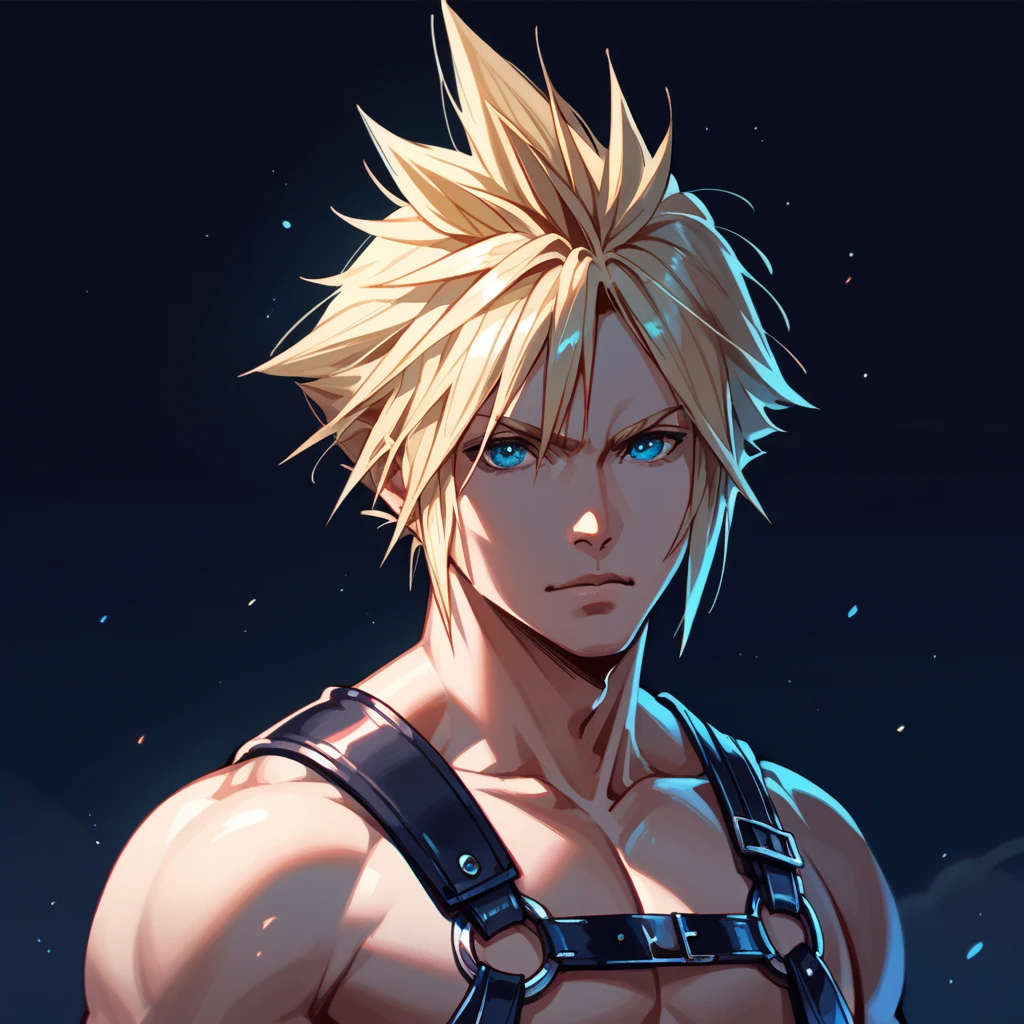 1 boy,portrait,Cloud Strife,Final Fantasy 7,(handsome),symmetry detailed face and eyes,nude,topless,chest harness,(dark background),(cinematic shadow),nsfw,bdsm,(best quality,8k,detailed,masterpiece),cowboy shot