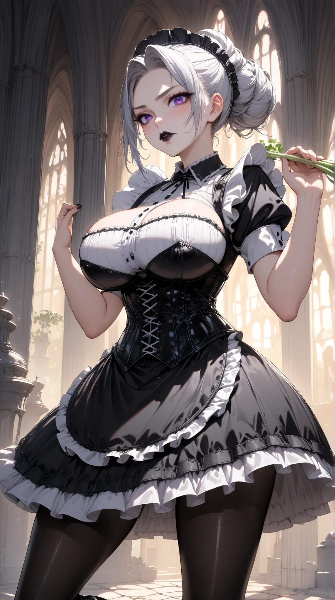 
 Young Beautiful Woman,( best quality, very detailed depiction, Incredibly Absurd Hi-Res),(Black and white gothic maid outfit,Maid Skirt, Corset , black tights,Black boots),( Silver Hair, hair up to the shoulders,Purple Eyes, Half Closed :1.3, grumpy expression:1.3,Black lips:1.5,Heavy makeup, big breasts, shiny skin), full body image :1.3, side view:1.5,profile:1.5,background:Castle, Bright Atmosphere ,Holding a white radish with both hands:1.3, dramatic lighting ,