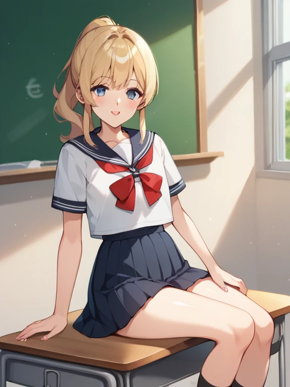 Highest quality,Highest quality,One Girl,One boy,((((************)))),Flat Chest,orgasm,blush, Sweat, Sakurai Momoka,blonde,White Sarah Outfit,Navy Blue Skirt, It is not a pleated skirt,whole body,classroom, White Pantyhose、Navy Blue Skirtをめくる、Spread your legs