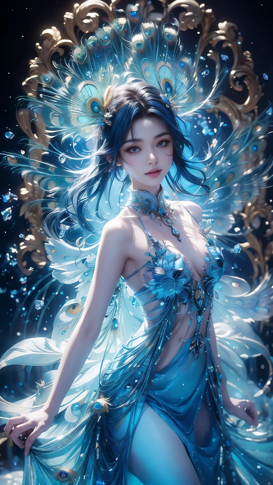 4K, UHD, masterpiece, 1 girl, ((good face)), detailed eyes, very long hair, ((small breasts)), ((peacock dress)), ((blue dress)), ((strap dress)), bare waist, navel, ((peacock wings)), ((ornaments)), butterfly, unreal creative art, ultra detailed, details, ultimate details, amazing magnificence, in the beautiful dargen, birds, Pedaipan style, glowing light, bloom, ray tracing, cinematic pose, ((upper body)),