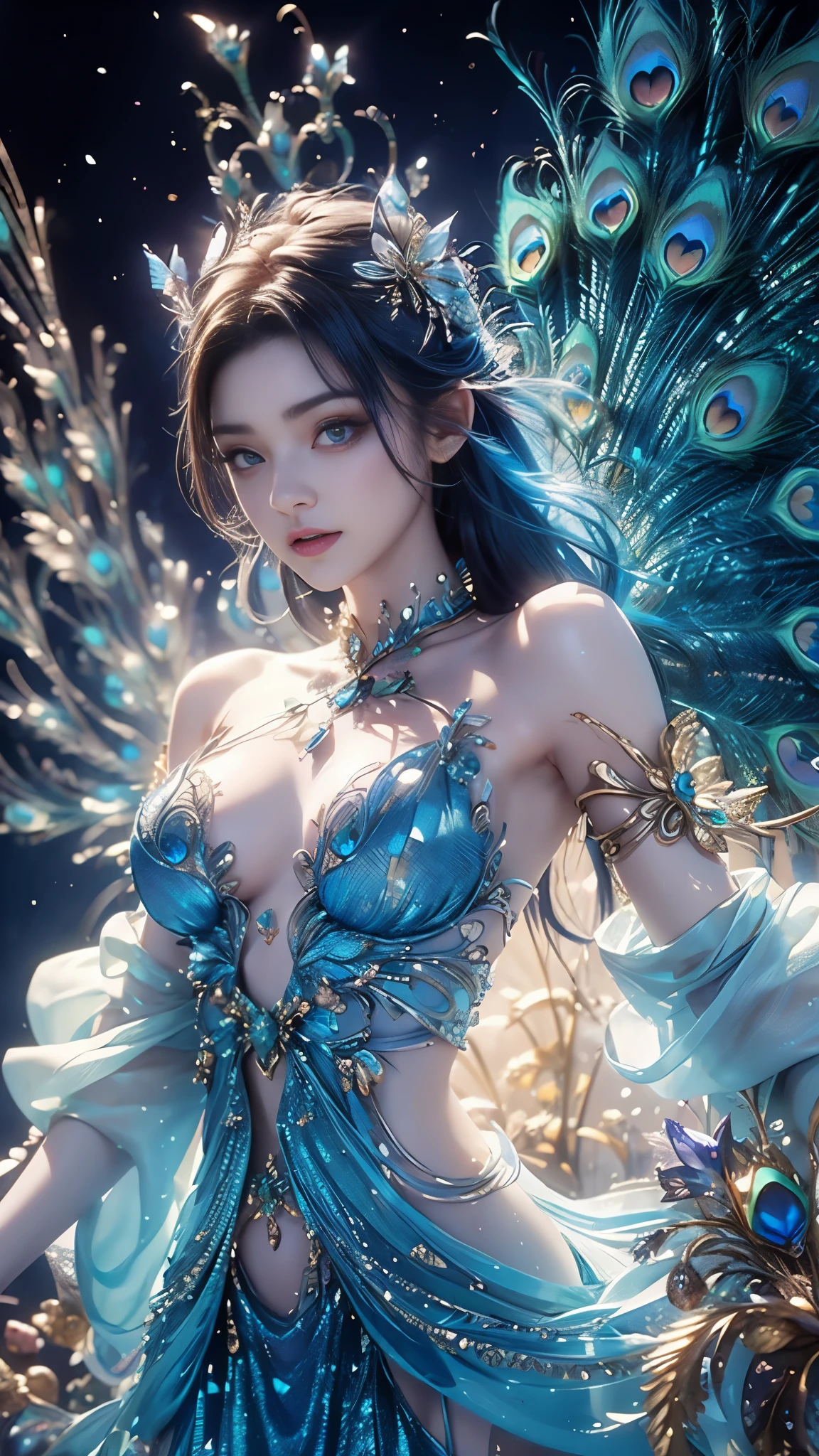 4K, UHD, masterpiece, 1 girl, ((good face)), detailed eyes, very long hair, ((small breasts)), ((peacock dress)), ((blue dress)), ((strap dress)), bare waist, navel, ((peacock wings)), ((ornaments)), butterfly, unreal creative art, ultra detailed, details, ultimate details, amazing magnificence, in the beautiful dargen, birds, Pedaipan style, glowing light, bloom, ray tracing, cinematic pose, ((upper body)),