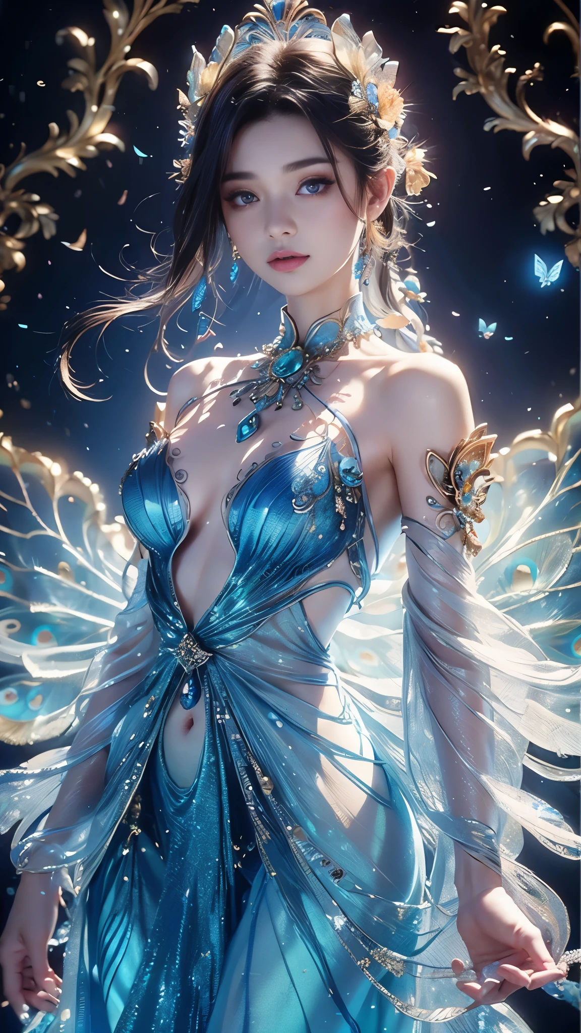 4K, UHD, masterpiece, 1 girl, ((good face)), detailed eyes, very long hair, ((small breasts)), ((peacock dress)), ((blue dress)), ((strap dress)), bare waist, navel, ((peacock wings)), ((ornaments)), butterfly, unreal creative art, ultra detailed, details, ultimate details, amazing magnificence, in the beautiful dargen, birds, Pedaipan style, glowing light, bloom, ray tracing, cinematic pose, ((upper body)),