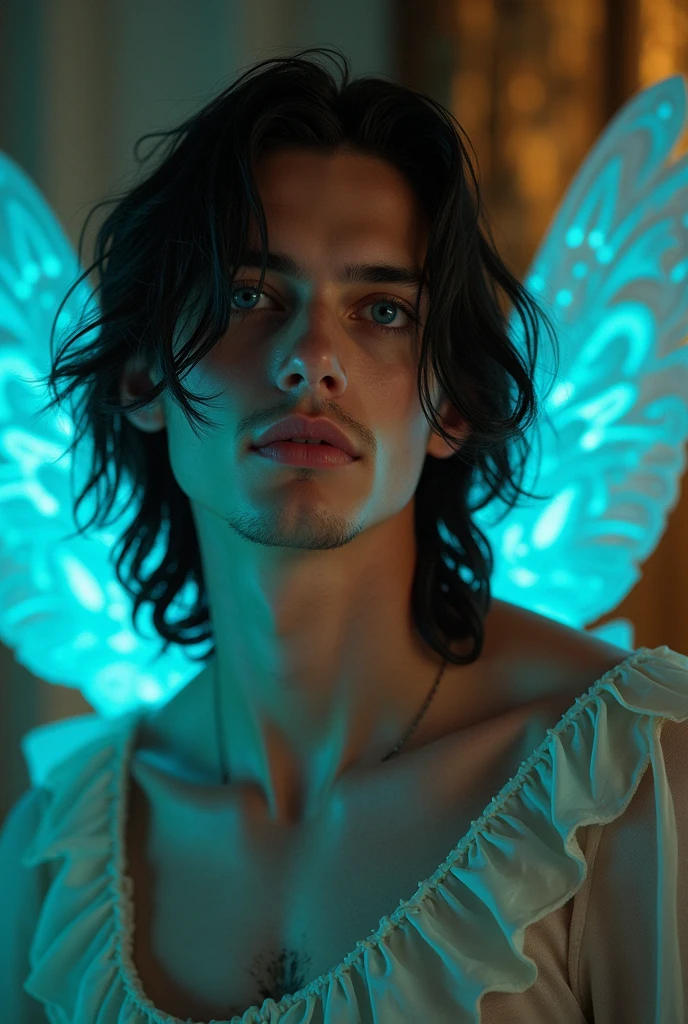 a man with messy black hair swept back, golden eyes, pale skin, angel wings, sitting on apartment sofa, large window showing city in background, beautiful detailed eyes, beautiful detailed lips, extremely detailed face and features, intricate angel wings, soft lighting, cinematic composition, moody atmosphere, dramatic lighting, warm color palette, photorealistic, 8k, ultra-detailed, (best quality,4k,8k,highres,masterpiece:1.2),ultra-detailed,(realistic,photorealistic,photo-realistic:1.37)