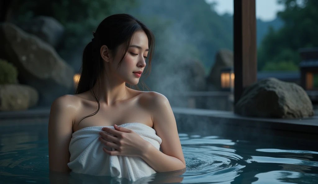 (night:1.8), oriental architecture, 1 woman, ((hot spring, onsen:1.4)), moist skin, ((fog:1.8)), (steam rising:1.8), glowing skin, glossy skin, ((partially submerged in hot spring:1.4)), Holding a wet white towel close to the body, but some cleavage is visible. ((Wet towel:1.3) , perfect eyes,perfect face,（smile：0.4），official artwork，Very detailed CG Unity 8k wallpaper、bright_front_face_lighting，（tmasterpiece:1.0），(best_quality :1.0),ultra high resolution,4k,detailed detail,high resolution of,8k,nffsw,high resolution,absurderes:1.2,kodak portra 400,film grain,lens flare glow,（beautiful_face:1.4），8k,raw footage,(outdoor bath drawn wider:1.4) ,(wet hair:1.3),((beautifully depicts depth and width:1.3)),((The outdoor bath is surrounded by a Japanese garden and large rocks, with only two small lights.:1.3)), ((smooth white skin: 1.3)),