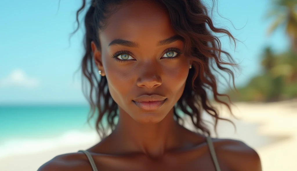 vibrant colors, masterpiece, sharp focus, best quality, depth of field, cinematic lighting, 1girl, blonde hair, short hair, green eyes, hair between eyes, sunlight, beach, smile, dark skin, water