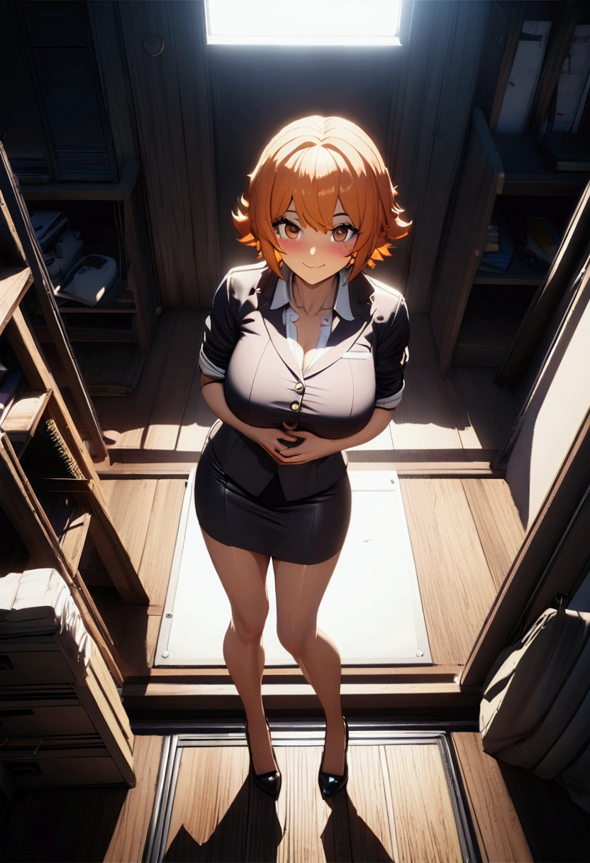 (extremely detailed CG unity 8k wallpaper), (masterpiece), (best quality), (ultra detailed), (best illustration), (best shadow), (absurdities), open mouth, smile, black ribbed sweater, : d, hair between eyes, looking at viewer, from behind, pov (from below), full body, bun, orange eyes, chignon, shiny hair, teeth, brown eyes, individual focus, long hair, large breasts, medium waist, wide hips, medium thighs, round butt, perfect hands, perfect anatomy