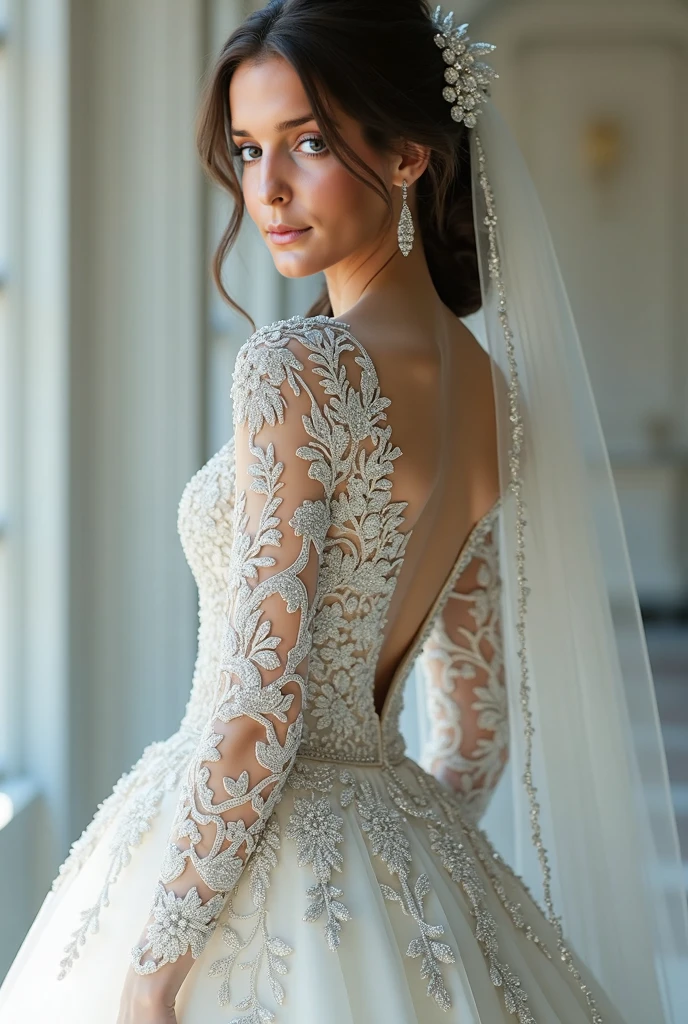 European woman model with hairstyle and veil wearing extremely luxurious diamond embroidered long sleeve wedding dress.  