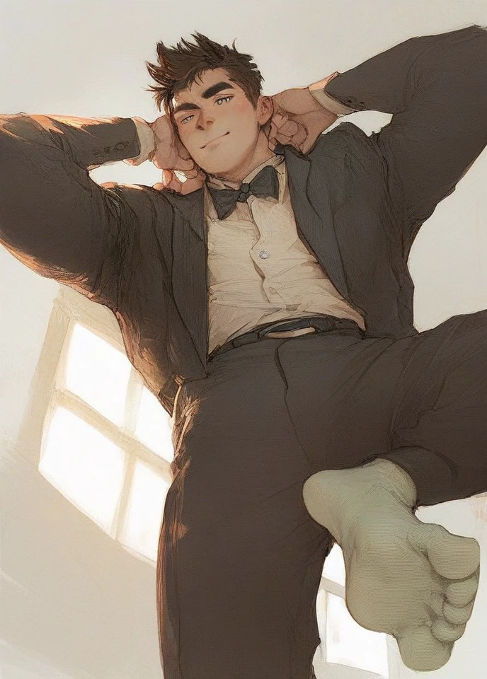 
Showing armpit’s 
Showing smelly feet
Low angle, wearing suit and dresssocks:2