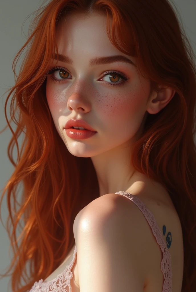 (8k, RAW photo, highest quality),(epic realistic:1.5), a girl, dynamic posture,erotic face, dress,(detailed eyes:0.8),(looking at the camera:1.4), (highest quality), (best shadow),intricate details,cinematic,((skin:1.4)),interior, (long ponytail ginger hair:1.3),dark studio,(hdr:1.5),detailed, muted colors, freckles, , <lora:epiNoiseoffset_v2Pynoise:2>, [: (film grain, 25mm, f/1,2, DoF, bokeh, beautiful face, ultra detailed skin, perfect sparkling eyes, skin pores, vellus hair, muscle tone and definition, fabric stitching, fabric texture, wood grain, stone texture, well defined pupils, prominent limbal ring, high contrast eyes, finely detailed features:0.7):0.7]