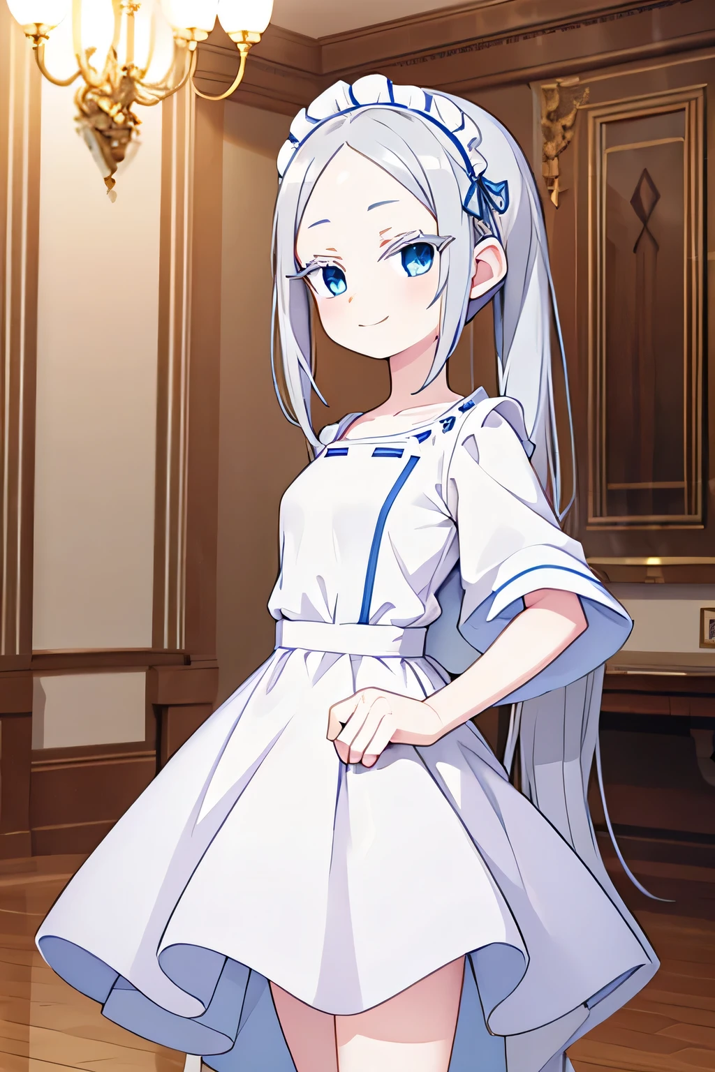 pandora, pddf, masterpiece, blue eyes, upper body, wearing maid outfit, full body, inside palace, smile, taking picture pose, pony tail