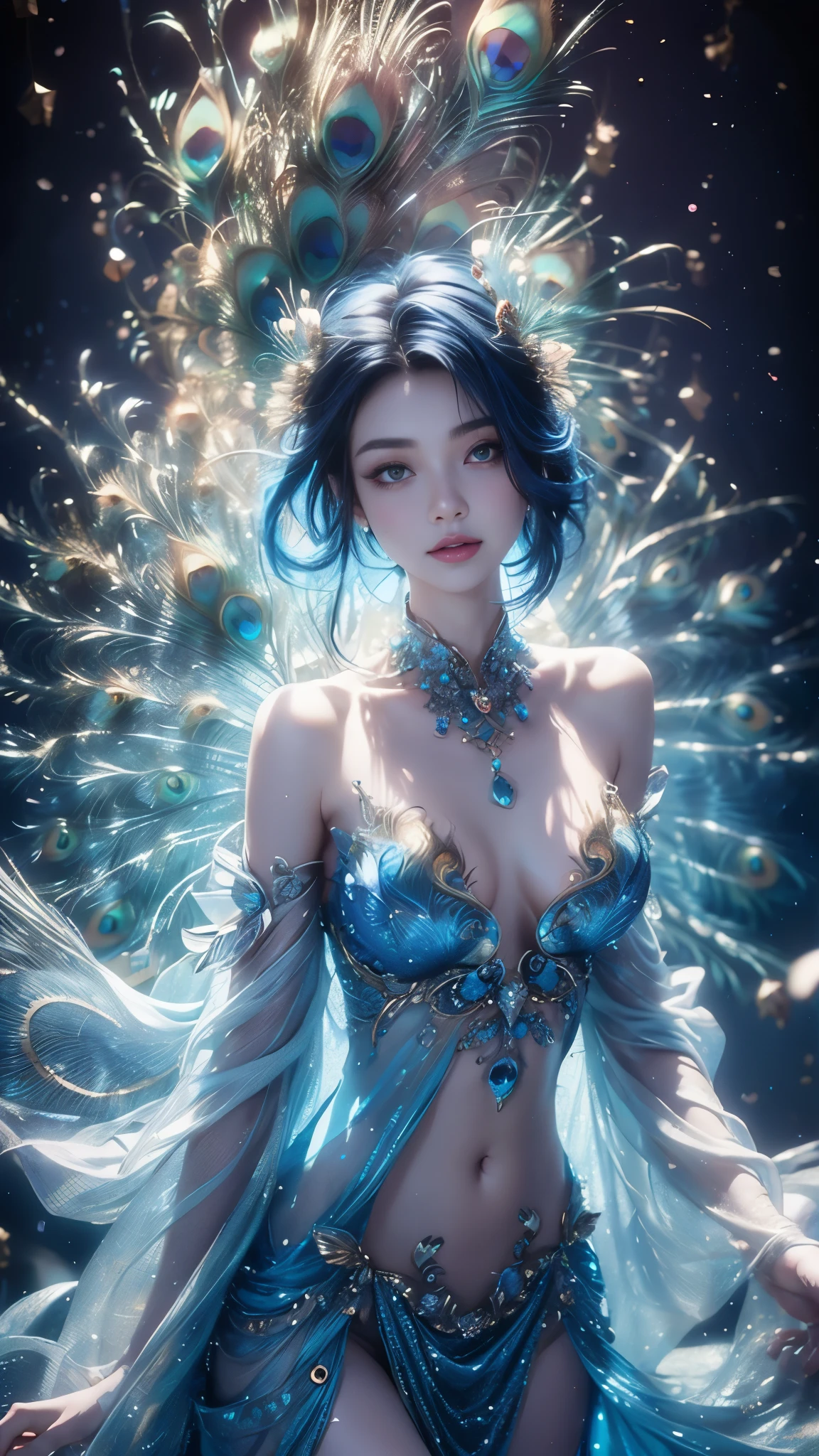 4K, UHD, masterpiece, 1 girl, good face, detailed eyes, very long hair, small breasts, ((peacock dress)), ((blue dress)), bare waist, navel, ((peacock wings)), ((ornaments)), butterfly, unreal creative art, ultra detailed, details, ultimate details, amazing magnificence, in the beautiful dargen, birds, Pedaipan style, glowing light, bloom, ray tracing, cinematic pose, ((upper body))