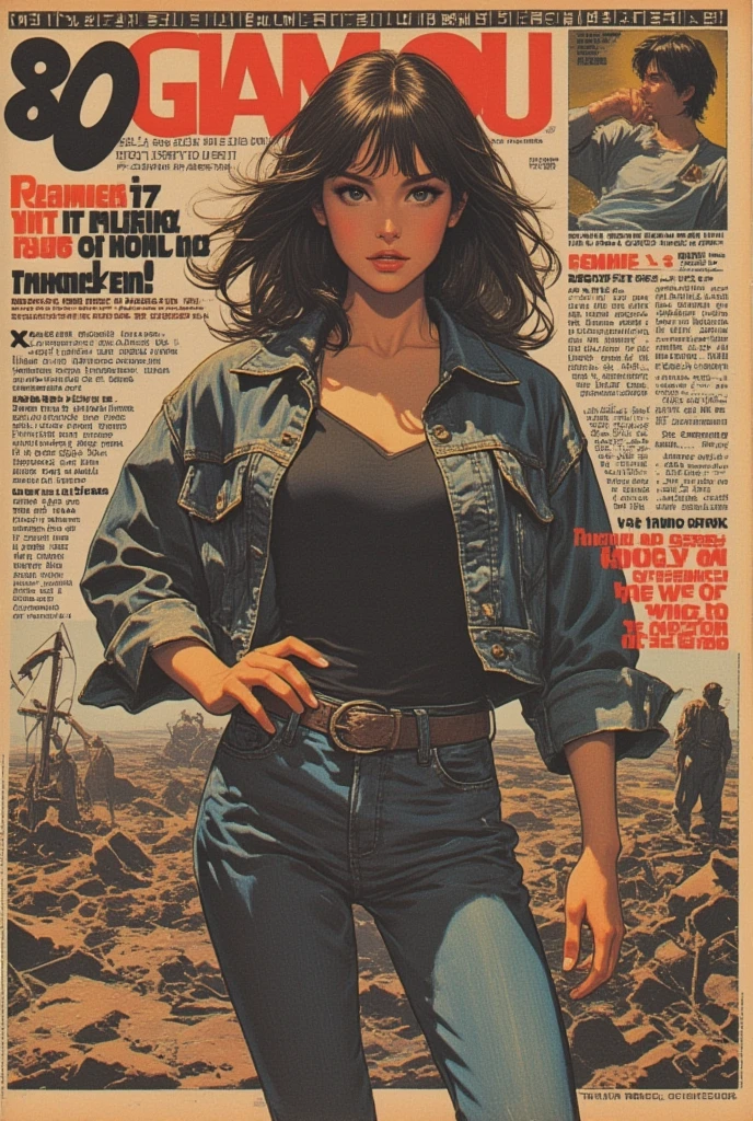 80s glamour magazine, article with text, advertisement, tight jeans and sexy denim jacket, drowning in  mud pit, attention-grabbing, sensation, void background, sinking standing sinking, portrait