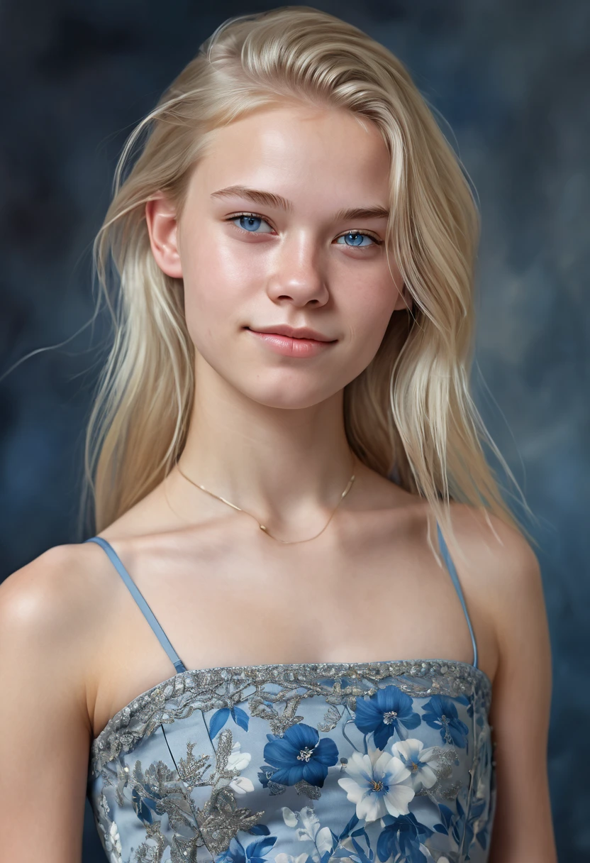 Portrait of a Norwegian teenage beauty ,  small breasts ,  intricate dress , soft smile, natural lips,  long blond hair with shaved sides ,  blue-gray eyes , realism,  digital painting , concept art, smooth,  clear focus ,   Rule of Thirds  , Style-Psycho,  full body,