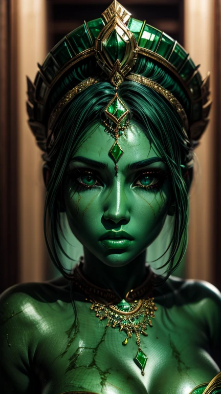 ((Emerald skin)), shiny marble texture skin, white veins cracks, young woman, ((detailed face)), big eyes.