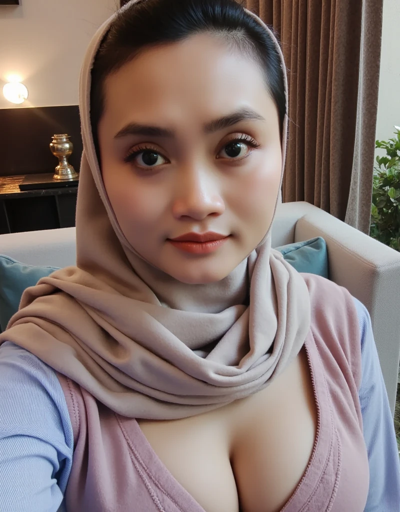 (Realistic) ((Hijab)) (real mature face) 62 Years old fat Indonesian mature woman, no makeup, sexy curvy, (sexy chubby body shape), Big : 34.9,, (wide cleavage), professional photography with excellent lighting