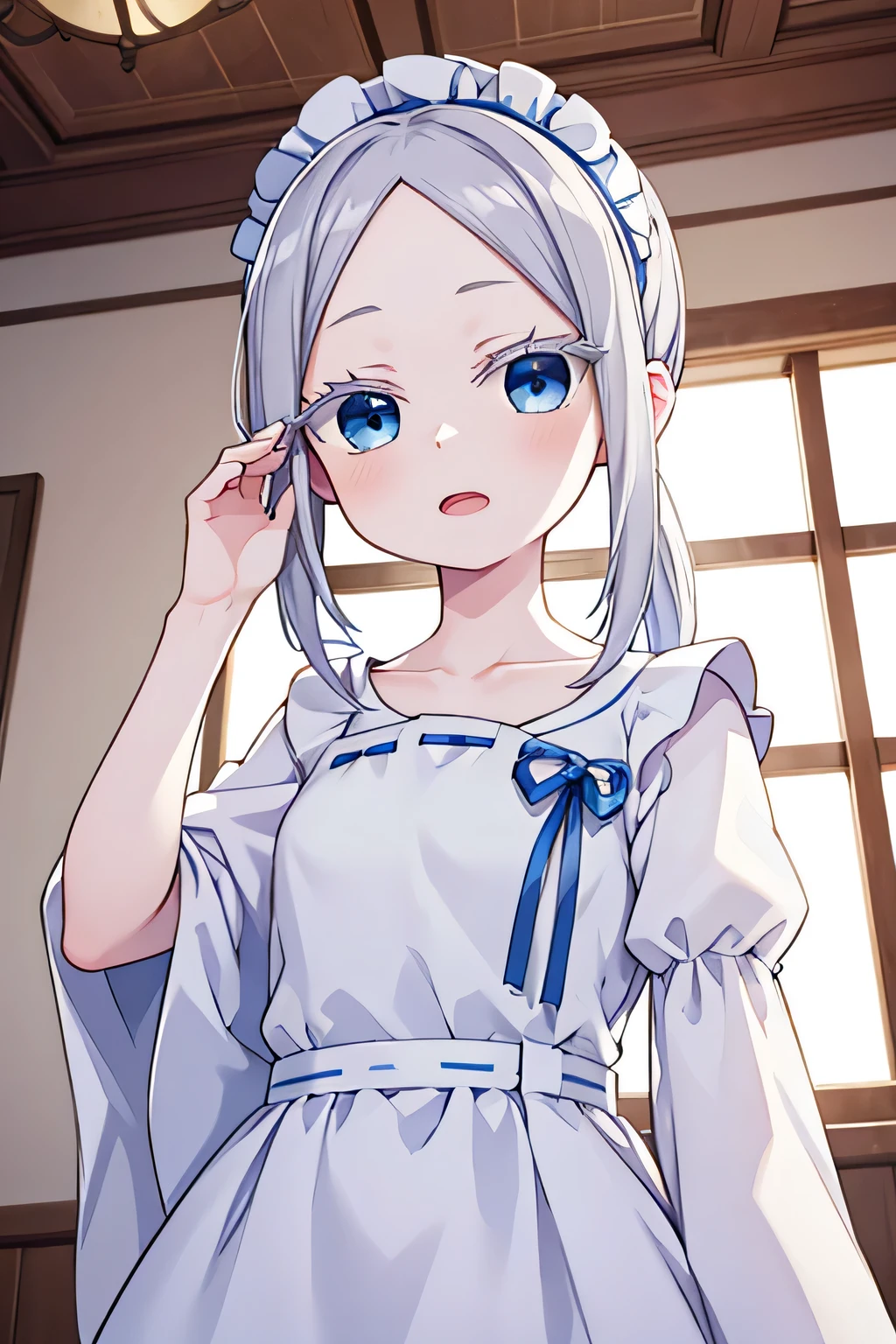 pandora, pddf, masterpiece, blue eyes, upper body, wearing maid outfit, inside palace, open mouth, taking picture pose, pony tail