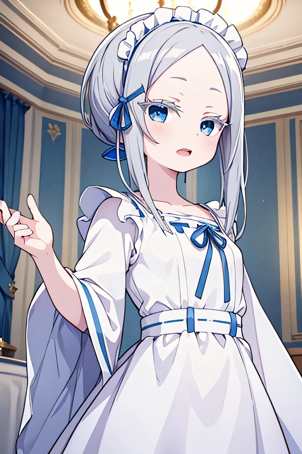 pandora, pddf, masterpiece, blue eyes, upper body, wearing maid outfit, inside palace, open mouth, taking picture pose, pony tail