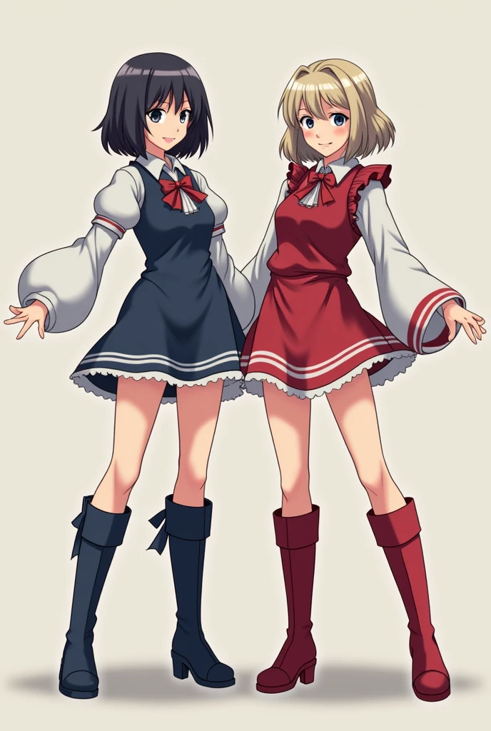 ((masterpiece, High resolution)), 2 girls, Duet, twin, ((A girl with brown hair, A blonde girl)), long hair, curls, Match hairstyle, Different hair colors, confident, elegant, Rich Girl, (((Matching Clothing, Same clothes, pink school uniform, Sexy school uniform, White stockings, Long white socks, Black high heels))), stand at attention, side by side, Same posture, building, RETRO ARTstyle, 1990s (style)