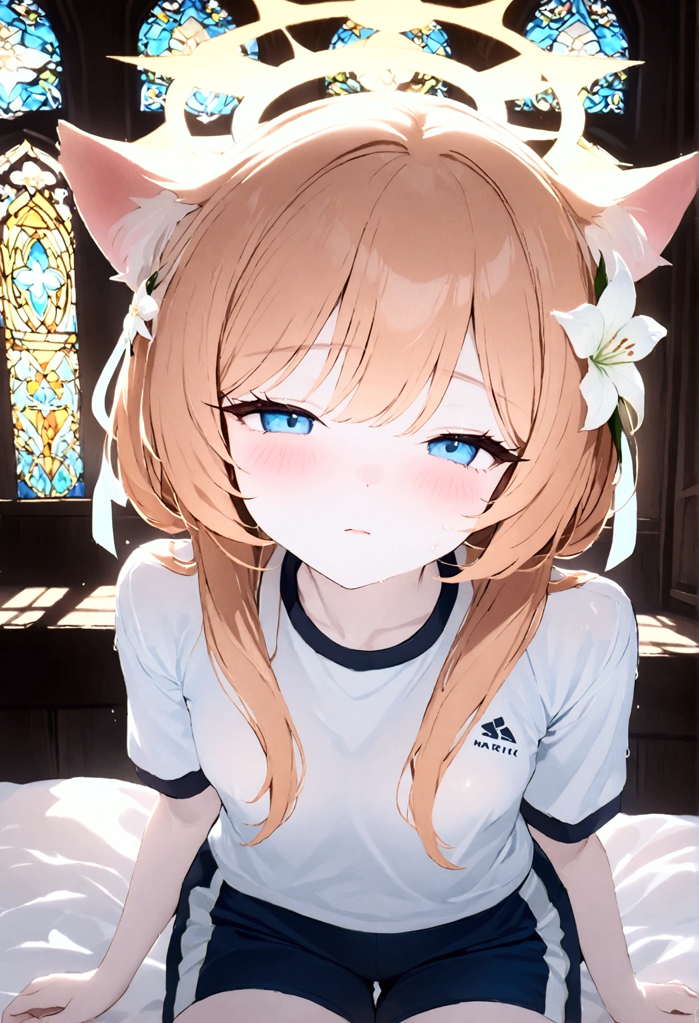 High image quality 、masterpiece、  High Quality   、Full HD、4K 、 seen from above 、Marie Iraki(blue archive)、 bright orange hair 、Cat ears、White flower hair ornament、 white headband 、 blue eyes、 slim、 flat chested、Yellow halo (Kisaki)、 Shy 、blush、 red cheeks 、Watery eyes、Gym clothes、 shorts、 flat chested、 is sleeping in bed、church、 stained glass 、Lily flower