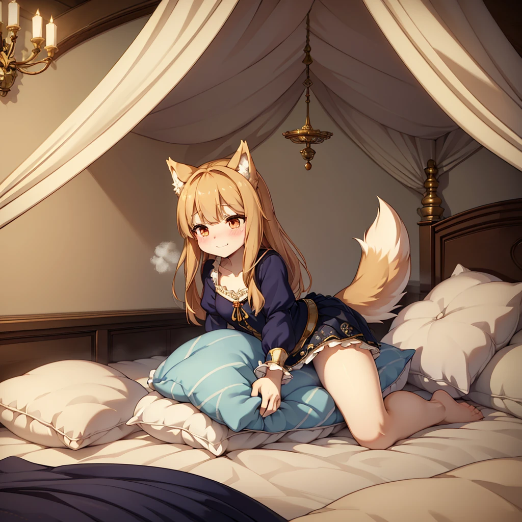 （masterpiece，best quality），mine, The Beast, , ( ））,  cute girl posing on pillow,，nature,, (blush),a smile，Pillow,（Lots of Pillow），Soft cushion，（canopy bed），（Pillow），Lots of Pillow，（Friction in the crotch），（（PillowCamel）），（A tail），（Around the protagonist），steam，（Pillow），（LuxuryPillow），（Palace Pillow Pattern Pillow），（palace），（Palace bedroom），（Gorgeous Pattern Pillow），Soft Pillow，，（Classical European style bedroom ），（excited，shy person，Lack of expressiveness，），pillow hump,，(Deluxe Rococo Canopy King Bed),Luxurious curtains with ornate ruffles and ribbons hang around the large bed.,((((The bed is piled with many Pillows)))),Quilt details,Detailed bed linen,Ruffled Bed Skirt,Deep Bed,Background with depth,((Pillow in detail)), ((((A Lot of Pillow))))，,，Detailed Soft Pillow,,((女孩正躺在许多Soft Pillow上,There are many Pillows around))，、、In a large canopy bed、Soft sheets and quilts、Colorful soft Pillow、Lots of Pillow、Soft toned bed、Ruffled curtains around the bed.。Delicate face，（Ornate pattern pillow），Soft pillow，，（ classical European style bedroom  ），，holo，wolf girl，，（more pillows)，，,,MASTURBATING WITH PILLOW,pillow humping, crotch rub,Exhale hot air，steam， Wolf and Spice