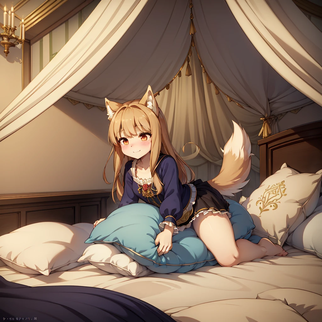 （masterpiece，best quality），mine, The Beast, , ( ））,  cute girl posing on pillow,，nature,, (blush),a smile，Pillow,（Lots of Pillow），Soft cushion，（canopy bed），（Pillow），Lots of Pillow，（Friction in the crotch），（（PillowCamel）），（A tail），（Around the protagonist），steam，（Pillow），（LuxuryPillow），（Palace Pillow Pattern Pillow），（palace），（Palace bedroom），（Gorgeous Pattern Pillow），Soft Pillow，，（Classical European style bedroom ），（excited，shy person，Lack of expressiveness，），pillow hump,，(Deluxe Rococo Canopy King Bed),Luxurious curtains with ornate ruffles and ribbons hang around the large bed.,((((The bed is piled with many Pillows)))),Quilt details,Detailed bed linen,Ruffled Bed Skirt,Deep Bed,Background with depth,((Pillow in detail)), ((((A Lot of Pillow))))，,，Detailed Soft Pillow,,((女孩正躺在许多Soft Pillow上,There are many Pillows around))，、、In a large canopy bed、Soft sheets and quilts、Colorful soft Pillow、Lots of Pillow、Soft toned bed、Ruffled curtains around the bed.。Delicate face，（Ornate pattern pillow），Soft pillow，，（ classical European style bedroom  ），，holo，wolf girl，，（more pillows)，，,,MASTURBATING WITH PILLOW,pillow humping, crotch rub,Exhale hot air，steam， Wolf and Spice