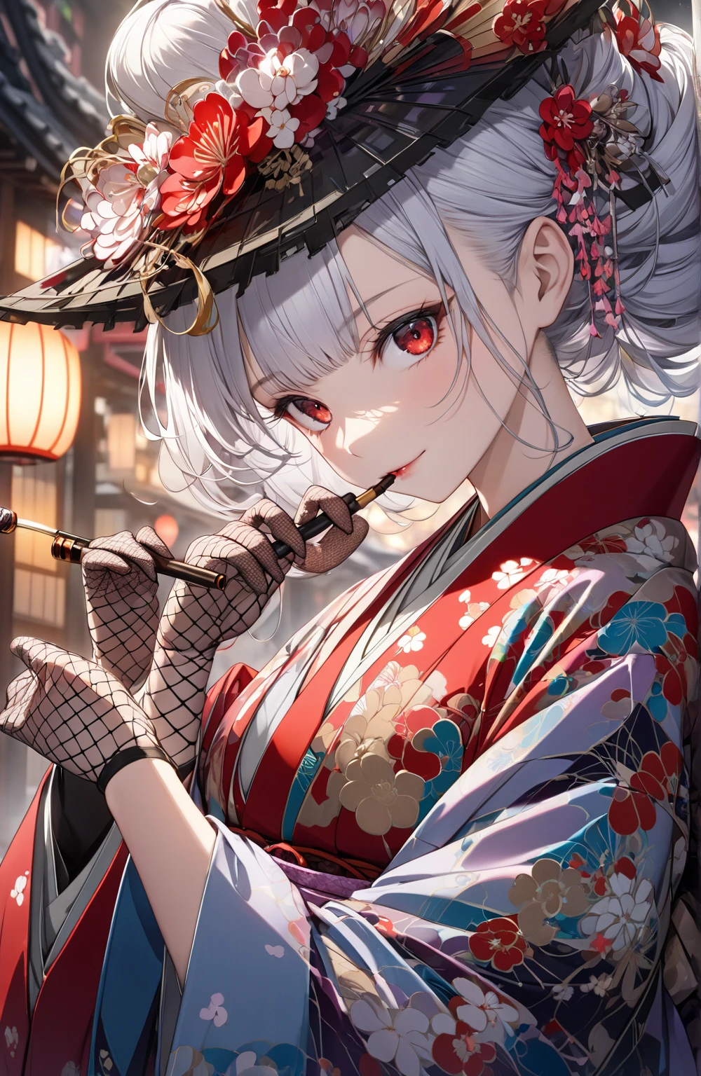 Ultra high resolution, rich colors, perfect image, top quality, detailed image, beautiful woman, glowing skin, texture of skin and clothes, delicate eyes, Showa era town, kimono, haori, black tulle hat, (((no hair accessory))), fishnet gloves, smoking pipe, long silver hair, red eyes