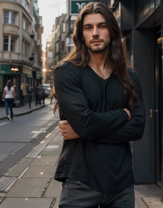 background london, Long hair handsome attractive man, wearing black jeans and black shirt, Tall 1.85 metres, English Male, muscular, thin, unshaved stubble beard, olive skin, tanned, handsome green eyes, deep sight, wavy long hair,  straight celestial nose, classy dressed in black casual badass, soft smirk, he is hugging shorter girlfriend with long hair, Sparkle, wearing a pretty dress
One man, one woman streets of london