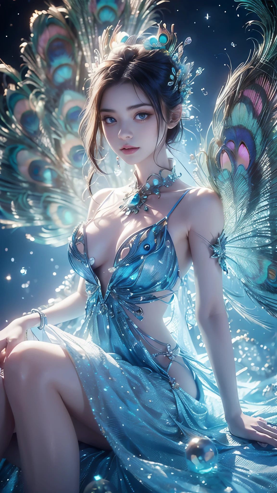 4K, UHD, masterpiece, 1 girl, ((good face)), detailed eyes, very long hair, ((small breasts)), ((peacock dress)), ((blue dress)), ((strap dress)), bare waist, navel, ((peacock wings)), ((ornaments)), butterfly, unreal creative art, ultra detailed, details, ultimate details, amazing magnificence, in the beautiful dargen, birds, Pedaipan style, glowing light, bloom, ray tracing, cinematic pose, ((upper body)), sitting,