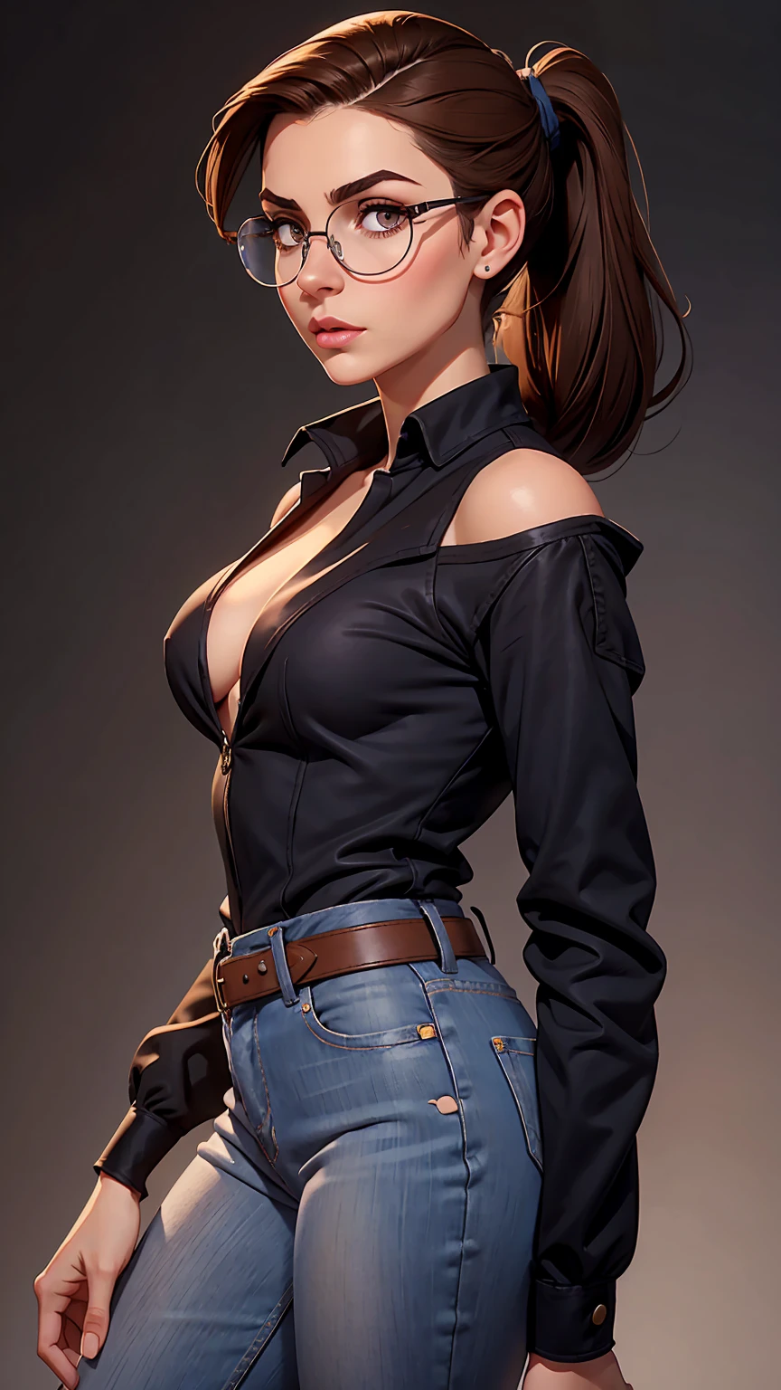 realistic photo of a model shot from below, dressed in black, with jeans and a low-cut black shirt. In the orange background with a staircase of a building. Minimal style with very bright colors, Realistic with many details on the faces and the fabric of the clothes