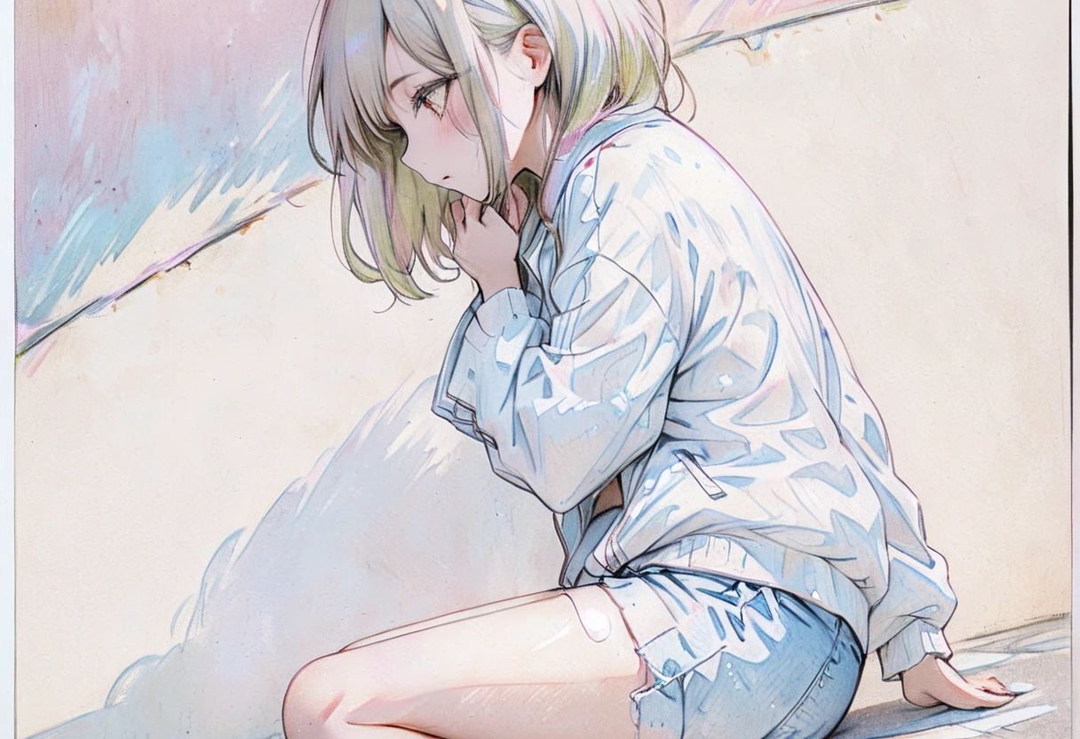 watercolor,girl,One person,White T-shirt,Messy room,crouch,cry,sad,high resolution,