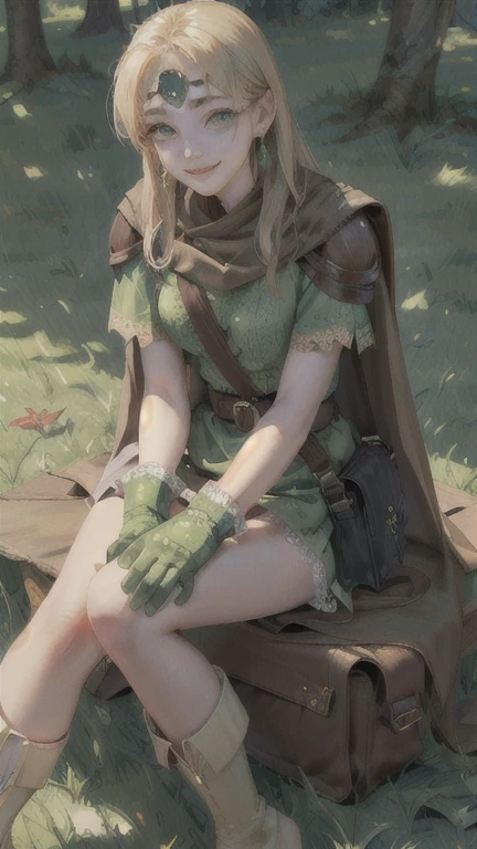   circlet,  earrings for a woman alone, Cape,  Shoulder Armor, Short dress,  shoulder bag, Gloves, belt, Green Boots,
(8k,  masterpiece,  best quality,  high definition ),
 cute face, Cute,  small face ,  Very big eyes , 
 sitting , On the grass,
 1 girl , Alone,(( white lace panties ))、 smirking 、