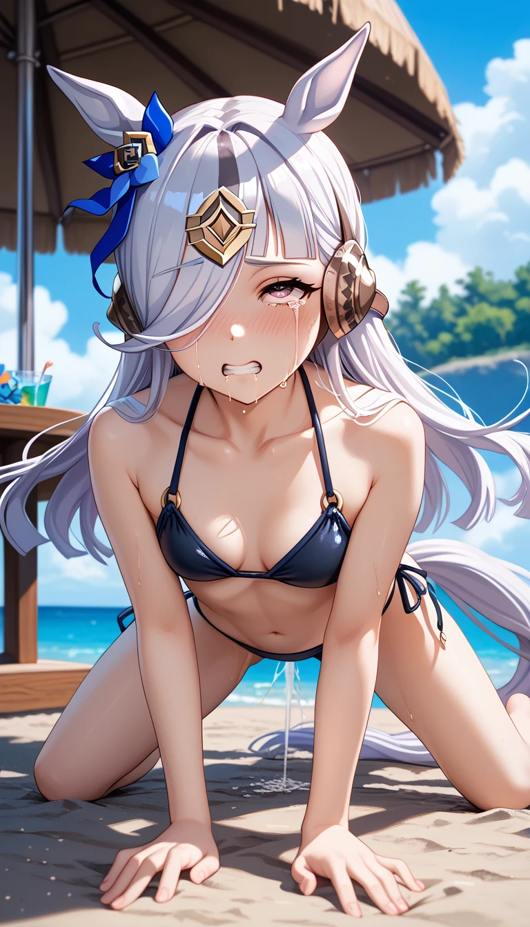 masterpiece, high definition,Best Quality,8k
(an anime young girl has long white hair and her body is partially in shadow, 1girl,goldship(umamusume), horse ears, solo, animal ears, swimsuit, hair over one eye, horse tail, horse girl, tail, long hair, navel, blush, outdoors, small breasts, breasts, collarbone, looking at viewer, side-tie bikini bottom, blue flower, black bikini,mejiromcqueen(umamusume))orgasm,Crying,Rolling eyes(having sex,dorsal position, is on all fours),(top down,bottom up)(((girl has sex with horse)))