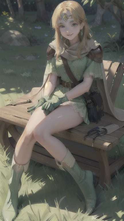   circlet,  earrings for a woman alone, Cape,  Shoulder Armor, Short dress,  shoulder bag, Gloves, belt, Green Boots,
(8k,  masterpiece,  best quality,  high definition ),
 cute face, Cute,  small face ,  Very big eyes , 
 On the grass,
 1 girl , Alone,(( white lace panties ))、 smirking 、