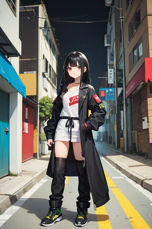 A  with black hair and cyberpunk clothes on a street in Rio de Janeiro from the 2000s