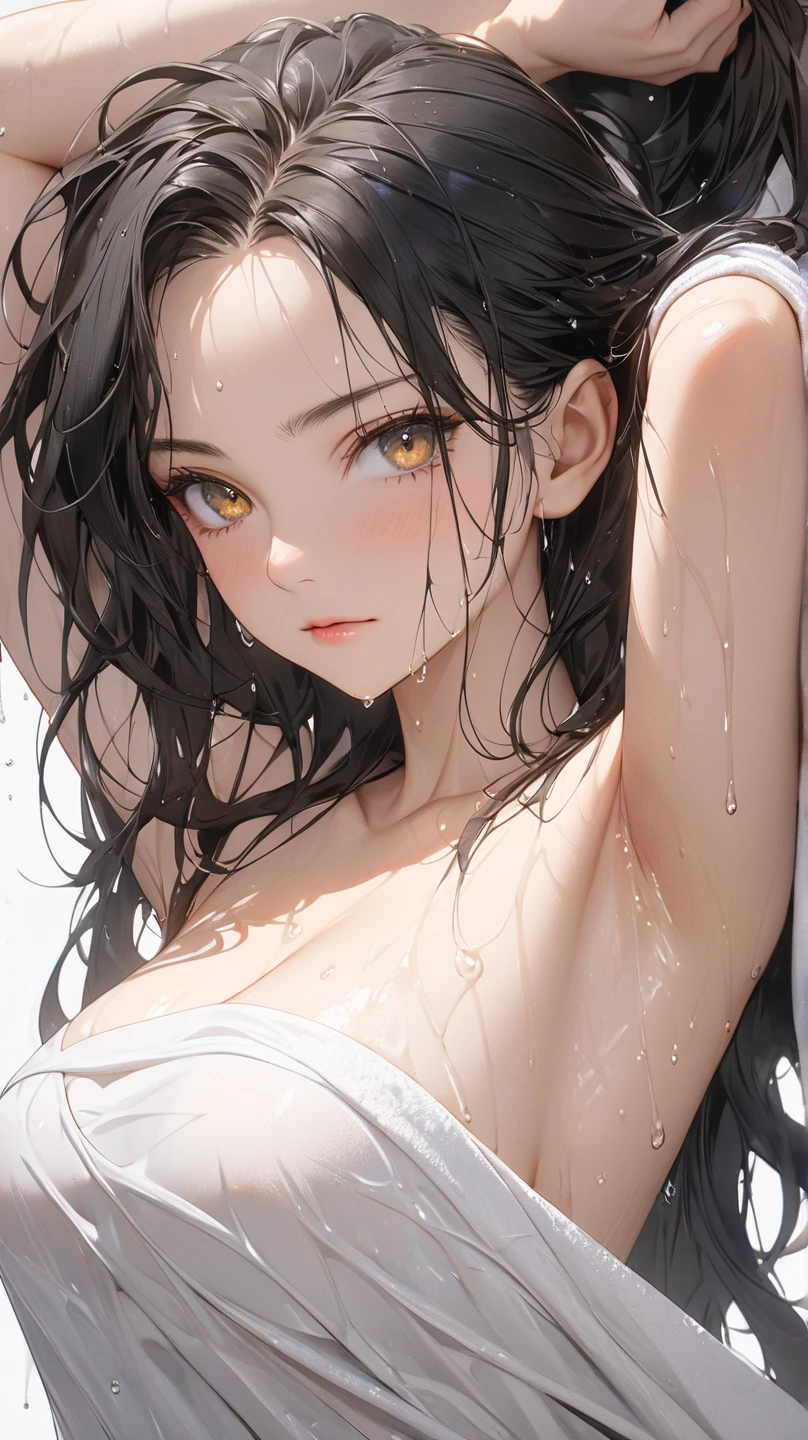 face details,semi realistic, Masterpiece, Master work, perfect , 4k, 1woman,  wet hair, mature body, medium size breast, straight half body long hair, middle parted hair style, large forehead, black colored hair, golden eyes, arrogant expression face, wrapped white towel, collarbone, bare feet, standing pose, showing wet armpits, empty background, white background, high res, ultrasharp, 8K, masterpiece, looking at the viewer (masterpiece), best quality, expressive eyes, perfect face