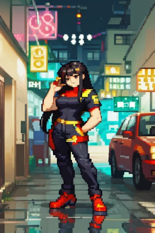 A  with black hair and cyberpunk clothes on a street in Rio de Janeiro from the 2000s