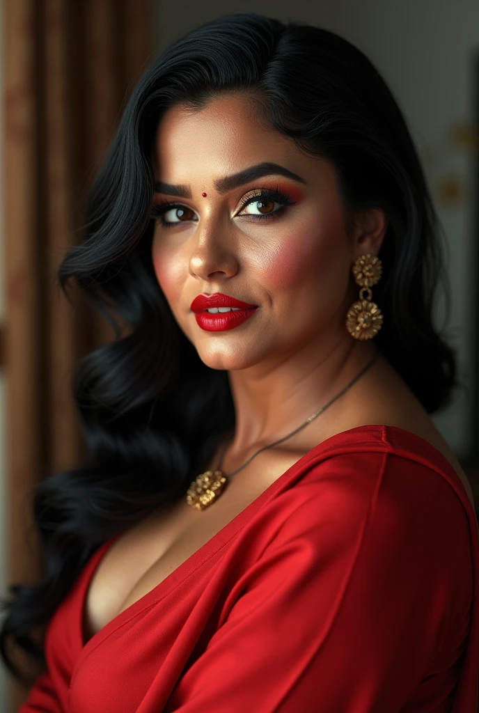 wolf cut hairstyle erotic hindu wife super big fake lips red lipstick super delicious body saree bra chubby body big boobs, front facing