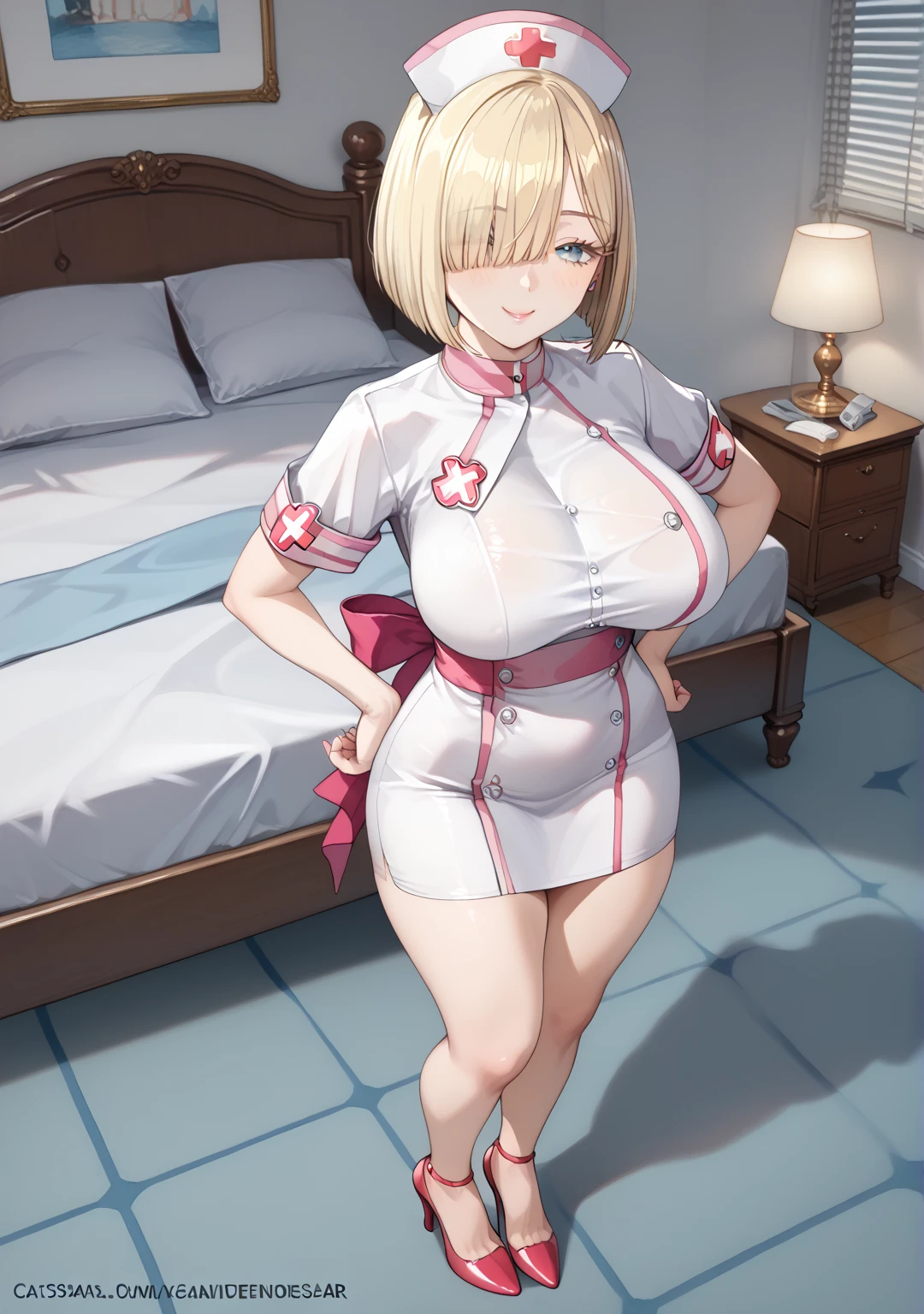 masterpiece,  The best quality,  looking at the spectator , score_9, score_8_above, score_7_above, source_anime,
Luxurious bedroom, sexy girl, 1 girl ( full body, curvilinear, blonde hair,  cut bob,  hair over the eyes, choke, sexy pose standing, Sexy Nurse,  seductive expression), (naturally saggy big breasts:1.3), thick thighs, caderas anchas, High heel,  Satisfied smile, besando a un hombre apuesto y atlético mientras se toman de las manos