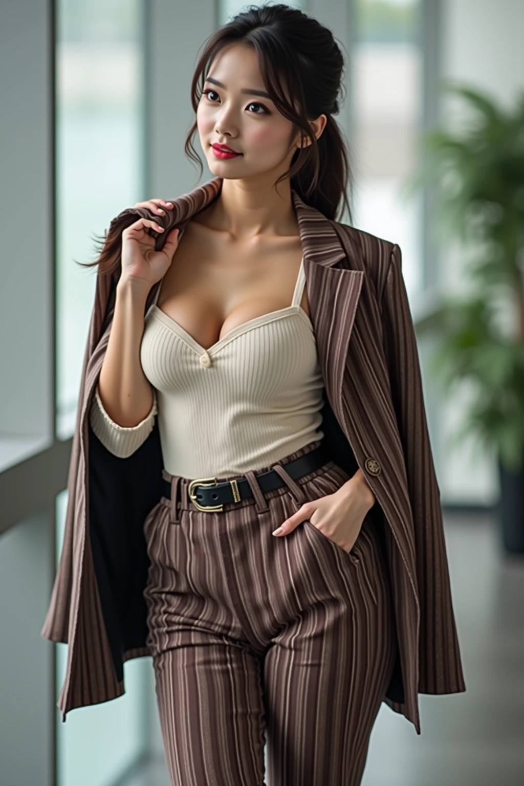 ((Flat Chest:1.5)), ((flat chest:1.5)), ((flat chest:1.5)), ((flat chest:1.5)), ((Skinny:1.5)), ((small breast:1.5)), (View your viewers:1.5), (Looking into the camera:1.5), Japanese, Short women, Physical build, Short arms, ((Long, narrow eyes)), Fleeting atmosphere, 38 years old, (beautiful straight light brown medium hair:1.5), bangs, ((Thin lips)), ((In the city of Ginza)), ((belted shirtdress with a collar and a midi length)), Masterpiece, Highest quality, Detailed skin, Detailed face, Fine grain, 8K, Excellent anatomy, Portrait, (Dynamic pose:1.5), A very small mole on the left cheek,