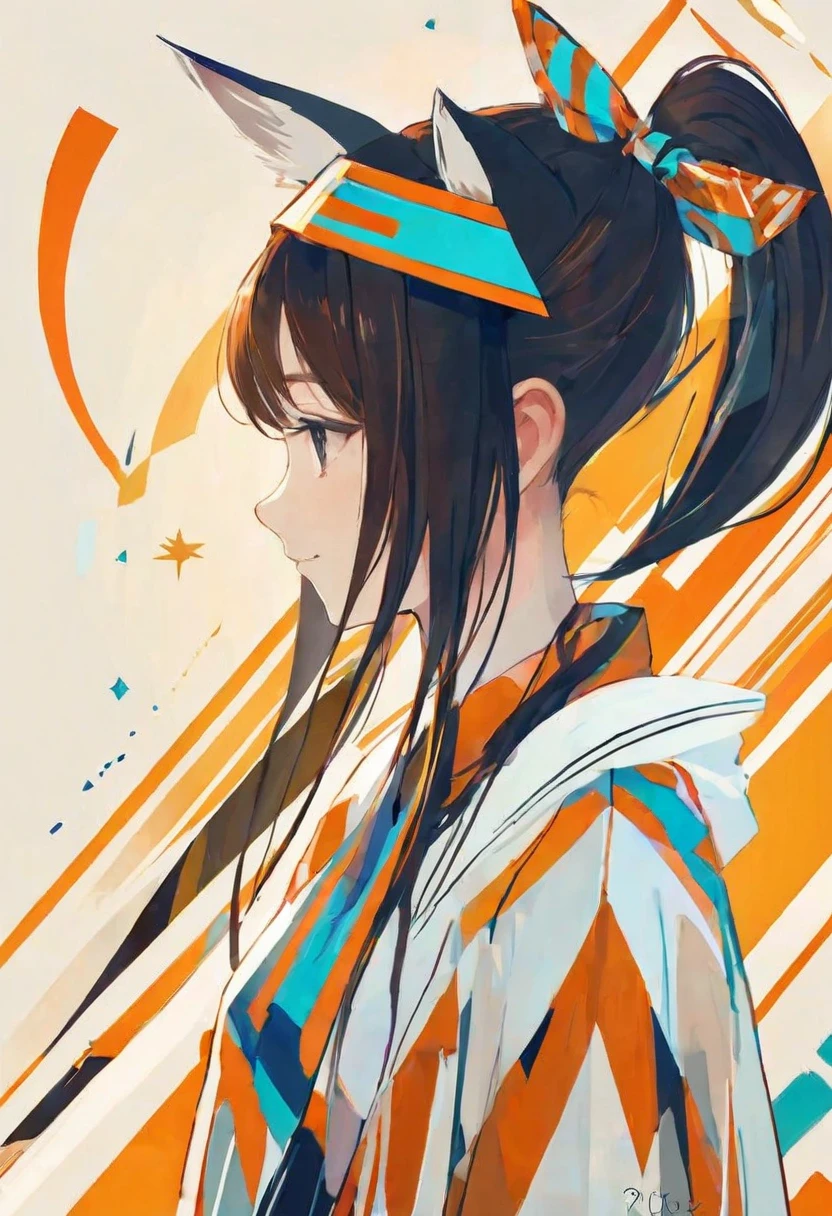 PORTRAIT OF A GIRL,1GIRL, DEMIHUMAN,illustration-style,modern, striking composition,sleek lines, unique pattern,abstract elements,geometric shapes,GEOMETRIC LOGO, , , expressive strokes , ,ANIMAL EARS, ANIMAL NOISE,CAPYBARA EARS, (ANIMAL NOISE),ANIMAL headwear,SMILE, HALF CLOSE EYES, BROWN AND WHITE ANIMAL EARS,BROWN HAIR,((SILHOUETTE)),SIDE VIEW,FANTASY,(EPIC), SPARKS,VIBRANT, KEMONOMIMI,