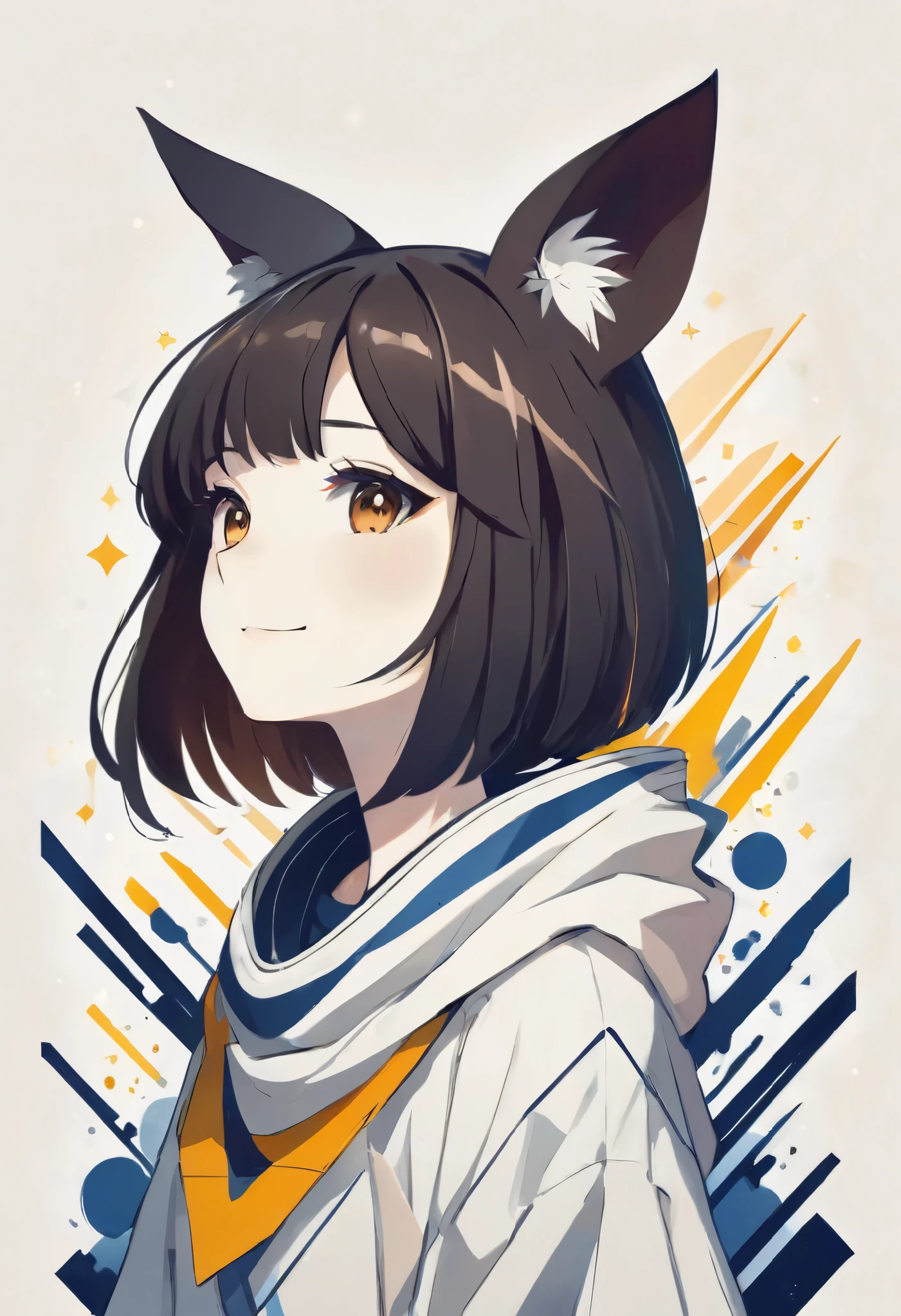 PORTRAIT OF A GIRL,1GIRL, DEMIHUMAN,illustration-style,modern, striking composition,sleek lines, unique pattern,abstract elements,geometric shapes,GEOMETRIC LOGO, , , expressive strokes , ,ANIMAL EARS, ANIMAL NOISE,CAPYBARA EARS, (ANIMAL NOISE),ANIMAL headwear,SMILE, HALF CLOSE EYES, BROWN AND WHITE ANIMAL EARS,BROWN HAIR,((SILHOUETTE)),SIDE VIEW,FANTASY,(EPIC), SPARKS,VIBRANT, KEMONOMIMI,