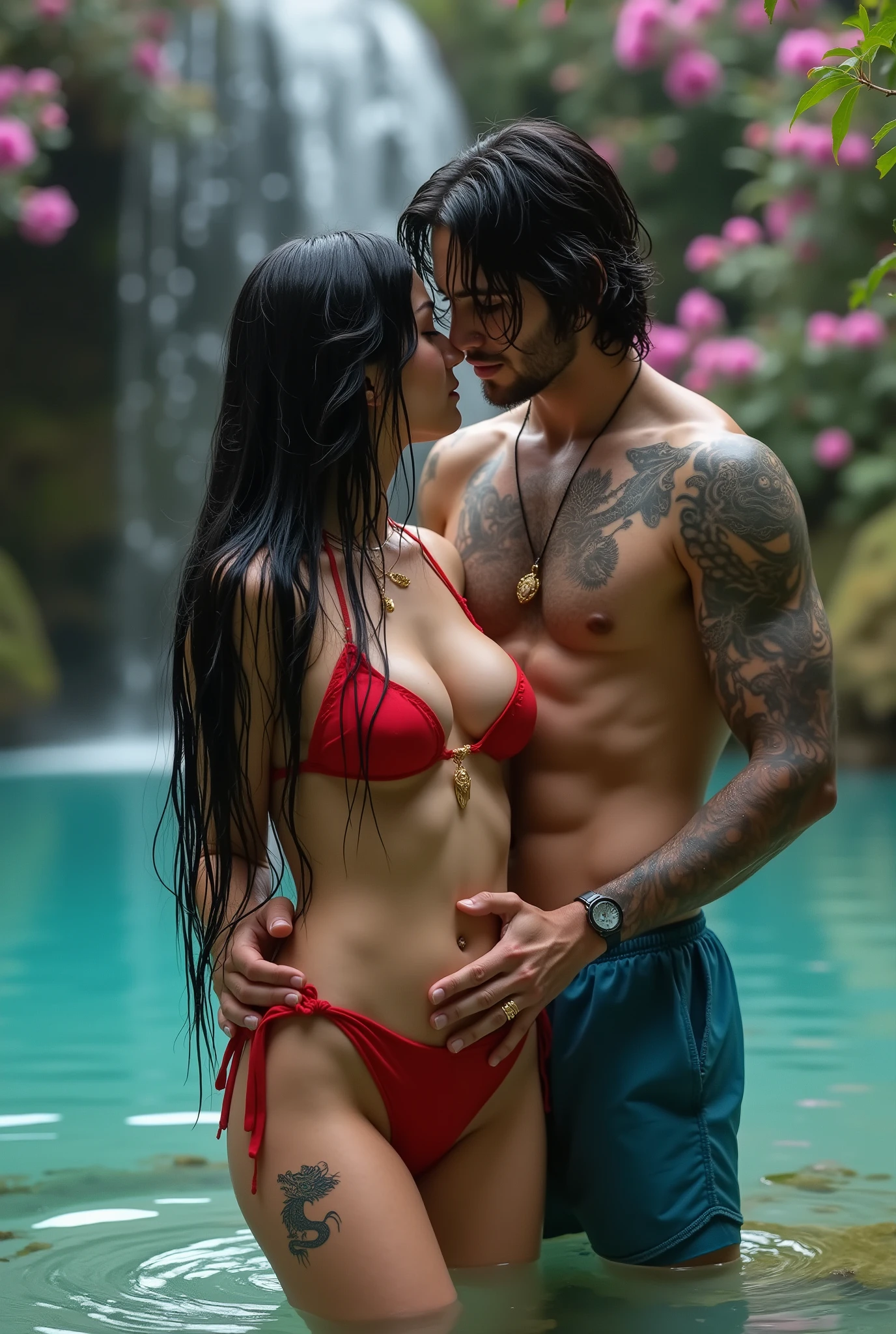 Asian girl big breasts, with Mexican charro hat naked, with a man doing oral sex 