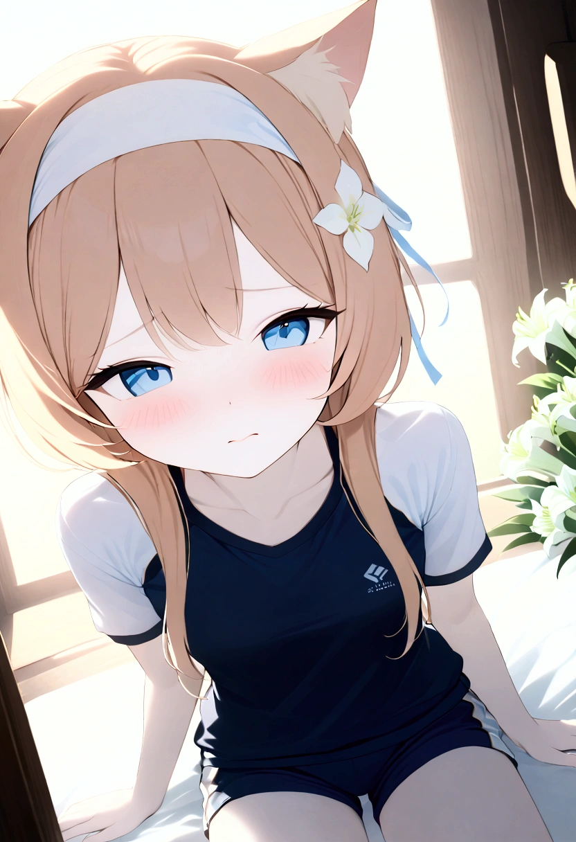 High image quality 、masterpiece、  High Quality   、Full HD、4K 、 seen from above 、Marie Iraki(blue archive)、 bright orange hair 、Cat ears、White flower hair ornament、 white headband 、 blue eyes、 slim、 flat chested、 Shy 、blush、 red cheeks 、Watery eyes、Gym clothes、 shorts、 flat chested、Lying in bed、Lie down、church、 stained glass 、Lily flower