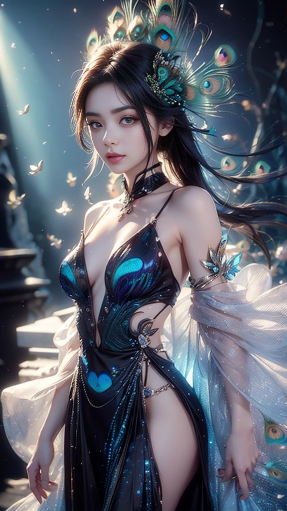 4K, UHD, masterpiece, 1 girl, ((good face)), detailed eyes, very long hair, ((small breasts)), ((peacock dress)), ((black dress)), ((strap dress)), bare waist, navel, ((peacock wings)), ((ornaments)), butterfly, unreal creative art, ultra detailed, details, ultimate details, amazing magnificence, in the beautiful dargen, birds, Pedaipan style, glowing light, bloom, ray tracing, ((upper body)),