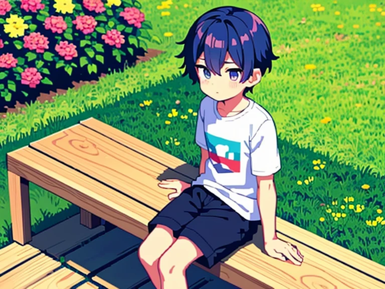 Cute shota boy, colorful hair, detailed body, plain clothes, sitting on a chair, garden background, high quality 