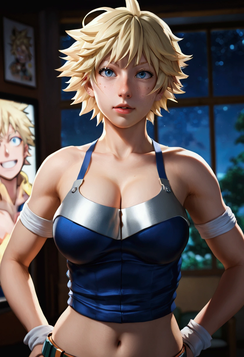 1girl, Mitsuki Bakugo (My Hero Academia) Masterpiece, High resolution, 8k, 1 girl, ultra Detailed, Fine skin, white skin, cinematic lights, beautiful, Detailed eyes, lip gloss, (((Detailed anatomy))), blonde hair, short hair, Blue eyes, (curvy body), (((swooping breasts))), photography, (focus upper body), looking at viewer, Wearing a sakura tank top, bare neck, bare shoulder, no bra, nipples outline, blonde hair, MILF, mid 30s, photorealistic, realistic, surreal, blurry background,