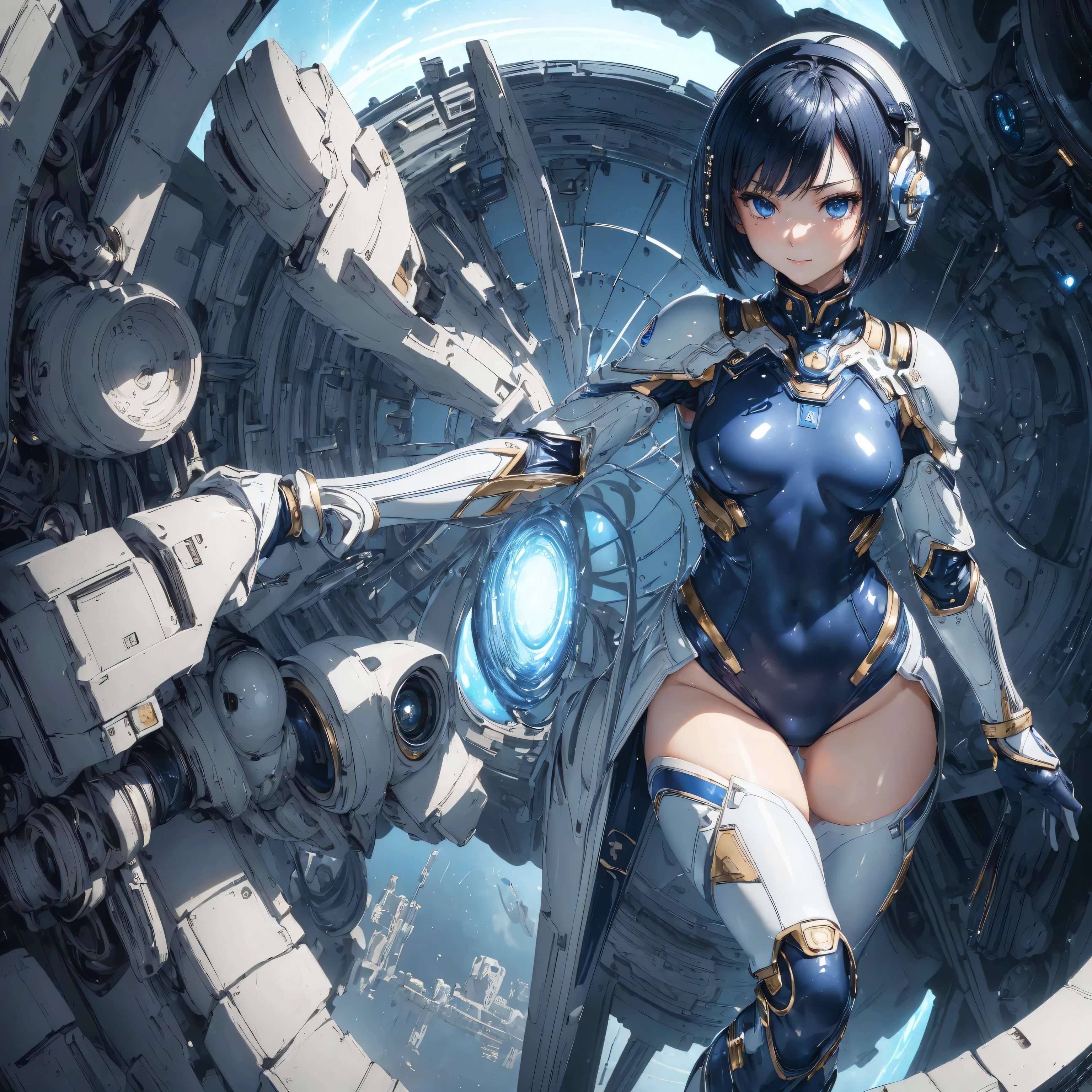 (masterpiece、highest quality、Highest Resolution、clear_image、detailed details、Angle from above): (whole body、One 20 year old girl、The Face of Japan、Small face、thin、navy blue super short bob cut hair、(Hidden Small:1.3)、Sparkling blue eyes、Blue and black shiny pilot suit、Chest protection armor、Tight fitting clothes、whole bodyを覆う衣服、Glamorous clothes、Tight Fit Pants、Hide your skin、Very delicate and beautiful、Detailed skin、hide thighs、Hide your ass、cute、A kind smile、Soft look、heroine、headset、Knee-high boots、Elbow-length gloves、Eye-level shot、face directly、Woman on a spaceship)